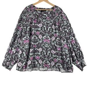 Lane Bryant Long Sleeve Blouse Women’s 26/3X Floral Peony Poppy Filigree Rayon